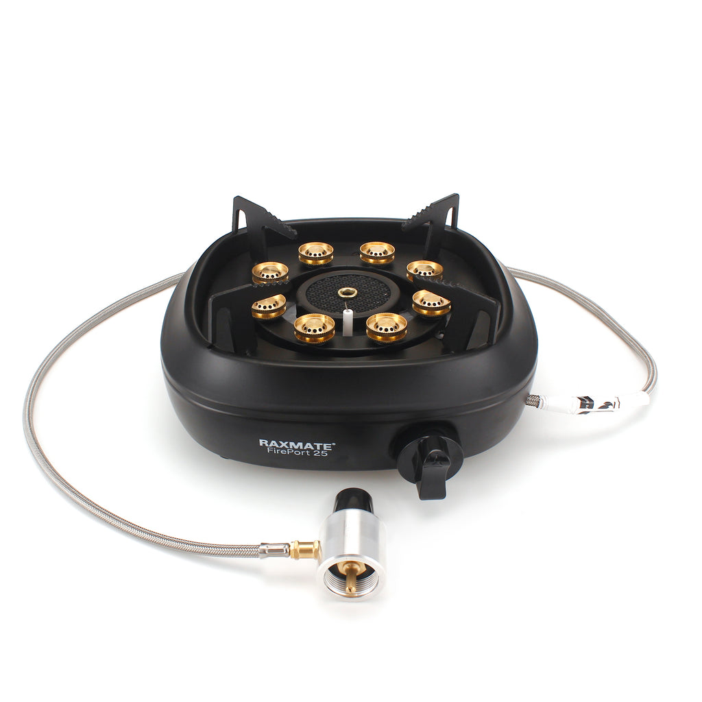 Raxmate FirePort 25 portable propane stove in Black with original regulator hose