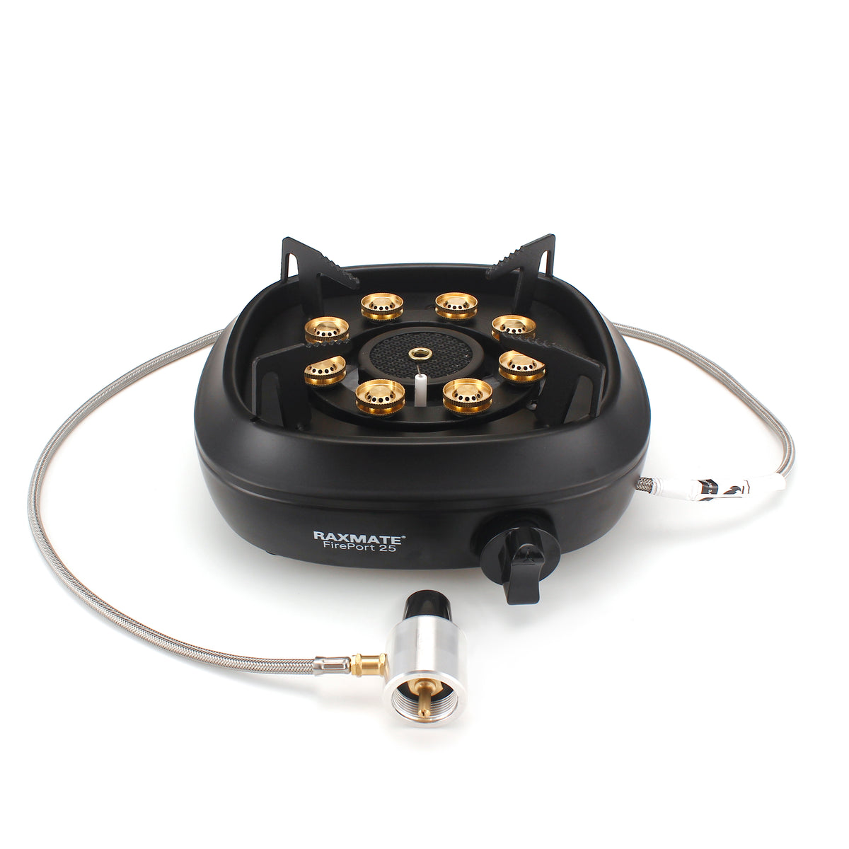 Raxmate FirePort 25 portable propane stove in Black with original regulator hose
