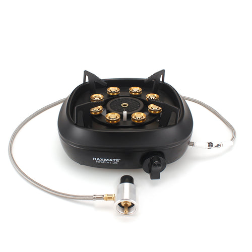 Raxmate FirePort 25 portable propane stove in Black with original regulator hose