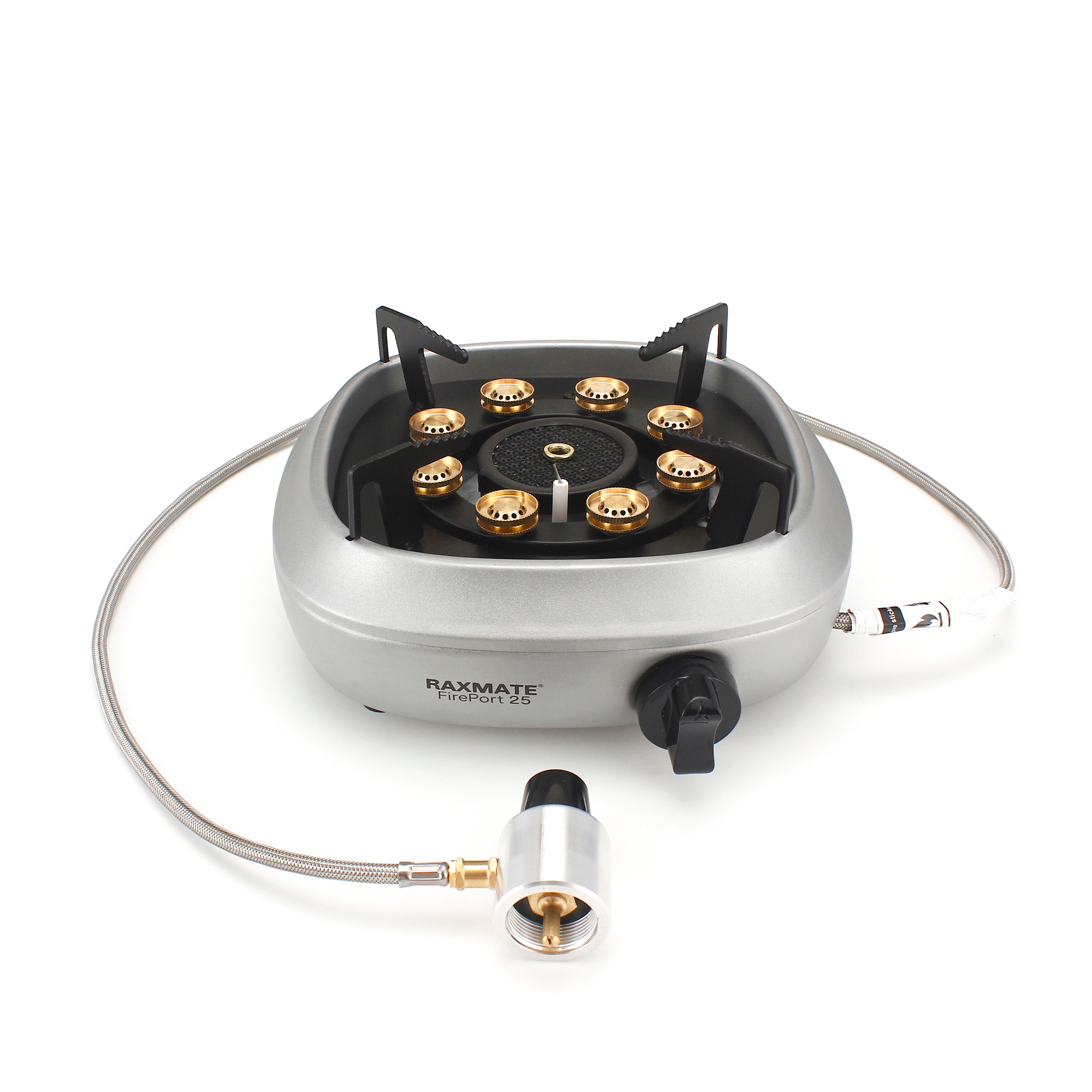 Original product photograph of the silver Raxmate FirePort 25 portable propane stove