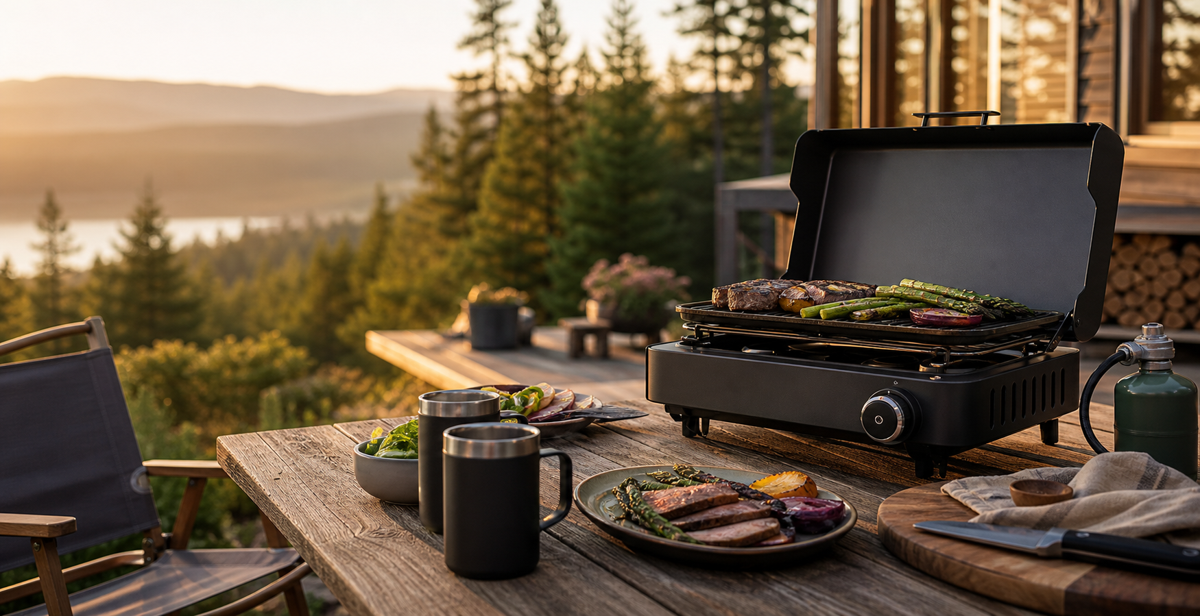 Raxmate outdoor cooking setup on a backyard patio
