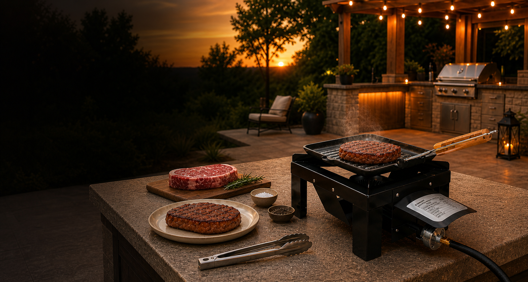 Raxmate RM01PB outdoor searing stove cooking steak on an outdoor table